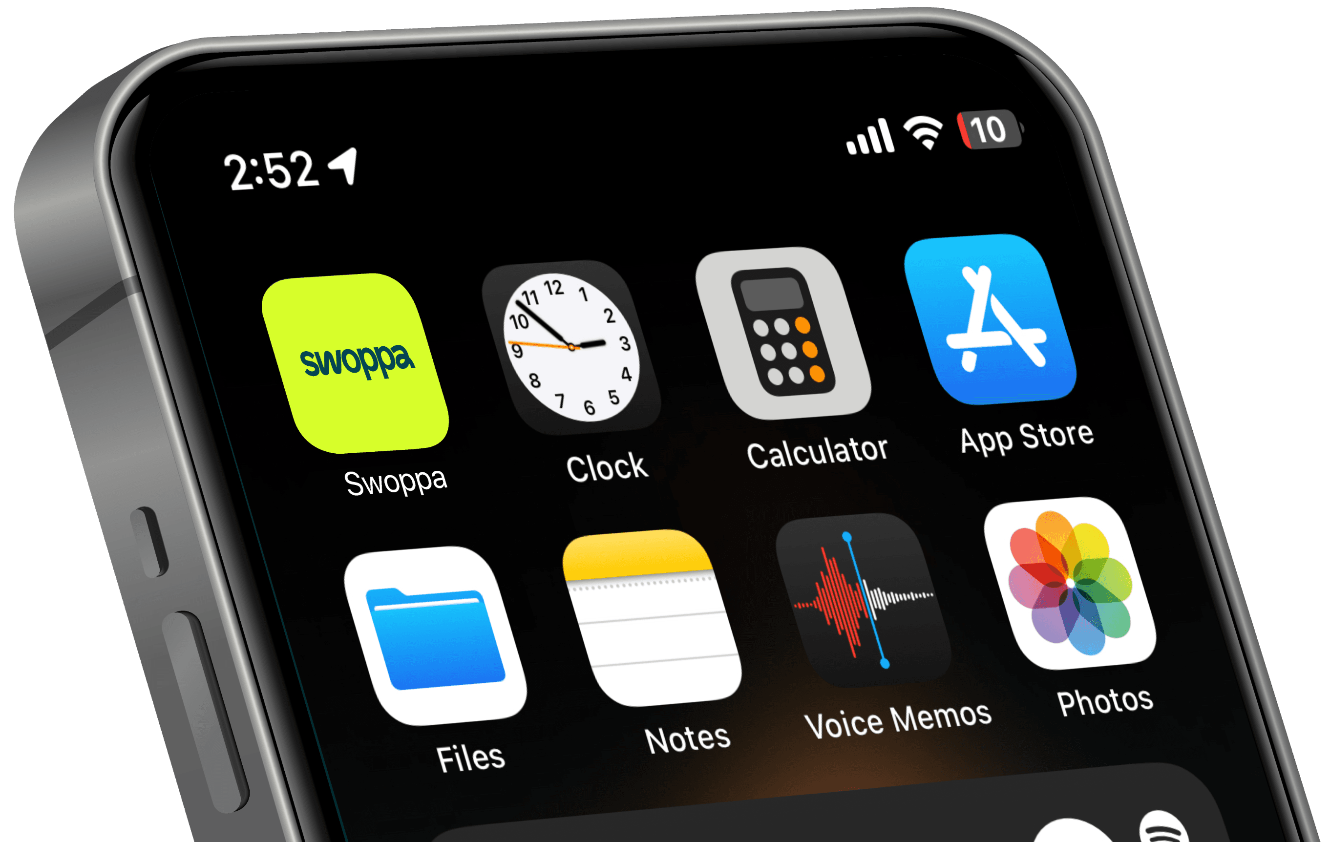 a close up of an iphone with the swoppa app displayed. It is surrounded by the Mail, Calendar, Notes & Photo app